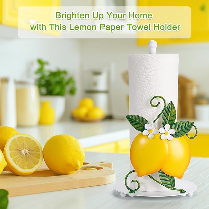 Lemon Paper Towel Roll Holder Countertop - Lemon Housewarming Gifts for Women, Farmhouse Kitchen Decor and Accessories, Vintage Home Yellow Kitchen Counter Decor, 3D Handmade Pattern, Weighted Base