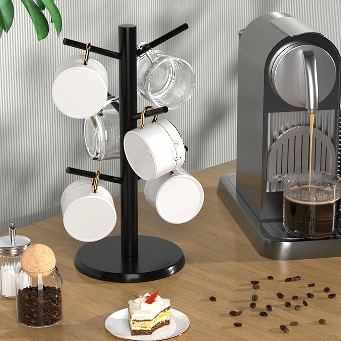 Wisuce Black Coffee Mug Tree Bamboo Mug Holder Coffee Cup Stand Mug Holders for Countertop Coffee Mug Rack Organizer Stand (Black Basic)