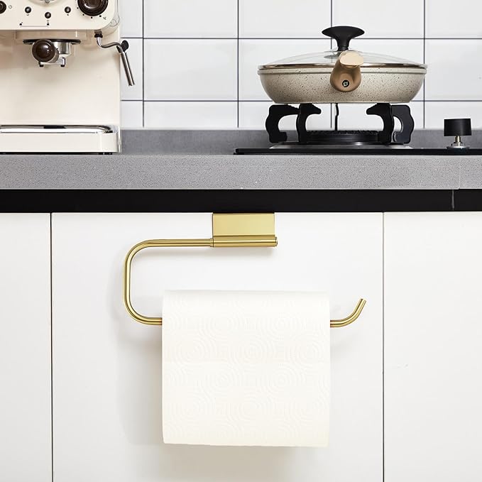 12.4 Inches Cabinet Door Paper Towel Holder Camper Under Sink No Drilling Paper Towel Storage and Dispenser for RV Kitchen Bathroom Laundry Room, Stainless Steel(Gold,1 Pcs)
