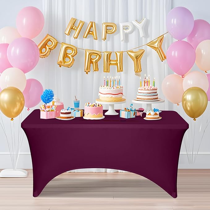 2 Pack 6 Feet Burgundy Spandex Tablecloth for Rectangular Tables, Fitted & Stretch, Washable, Wrinkle Resistant, Perfect for Event, Wedding, Party, Banquet, Cocktail, Festival, and Table Protector
