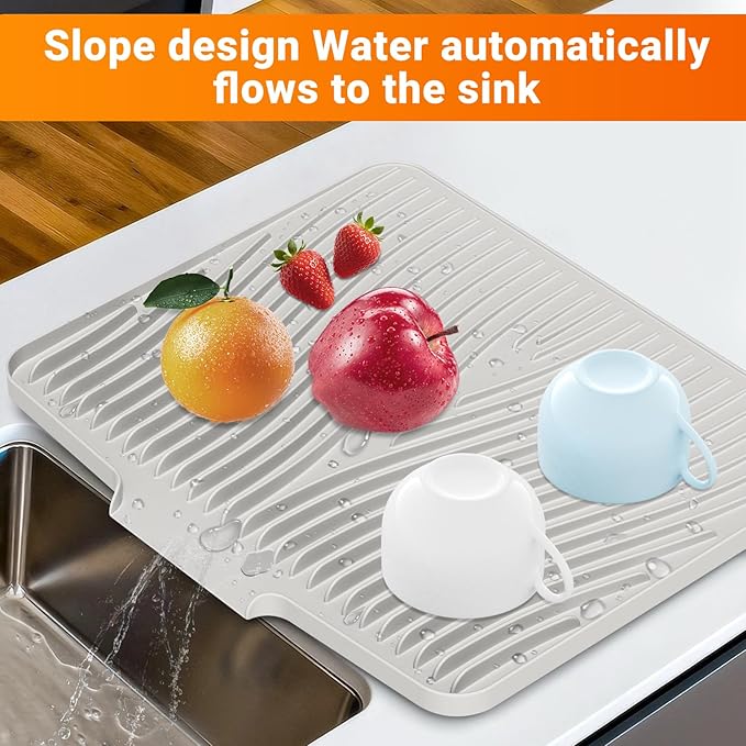 Silicone Dish Drying Mat for Kitchen Counter, Dish Drying Pad, Non-Slip Drain Pad with Built-in Drain, Heat Resistant Stone Drying Mat,Cream-2pcs