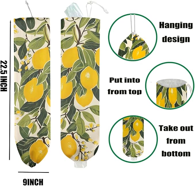 Lemon Plastic Bag Holder, Wall Mount Grocery Bag Holder for Plastic Bags, Reusable Large Grocery Bags Storage Dispenser, Home Kitchen Pantry Decor, Lemon Gifts for Women Mom Grandma, 22.5x9 Inch
