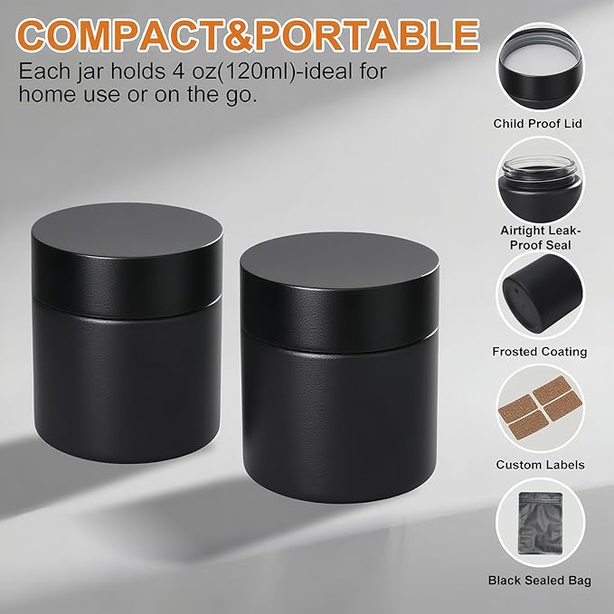Smell Proof Jar(4 oz),4 Pack Air Tight Herb Container,Thick UV Resistant Jar with Child-Resistant Lid,Black Glass Storage Jars for Coffee/Herb/Tea
