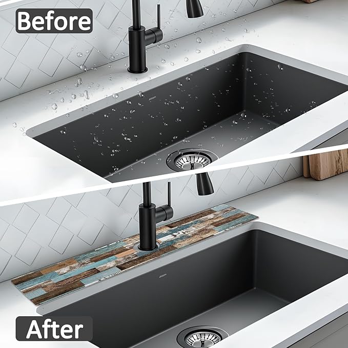 2PCS 24" X 5.5" Kitchen Sink Splash Guard Faucet Mat Wood Grain Super Absorbent Fast Drying Faucet Guard & Draining Mat Sink Splash Guard Behind Faucet for Kitchen, Bathroom