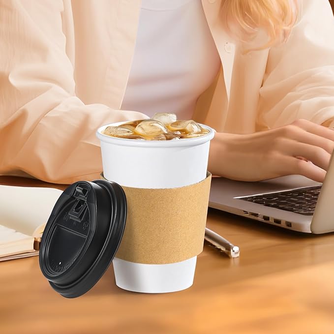 Lamosi 50 Pack 10 oz Disposable Coffee Cups with Lids and Sleeves, Leak-Proof To Go Paper Coffee Cups with Lids, Hot/Cold Beverage White Drinking Cup for Home, Office, Parties, Travel