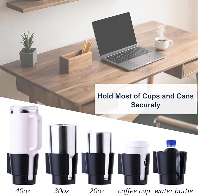 Universal Large Desk Cup Holder Clamp on, Heavy Duty Plastic Drink Holder for Table, Porch Swing, Patio Chair, Clip On Anti-Spill Bottle Holder for Most Cups, Bottles, Cans, Tumbles, Black, Pack of 2
