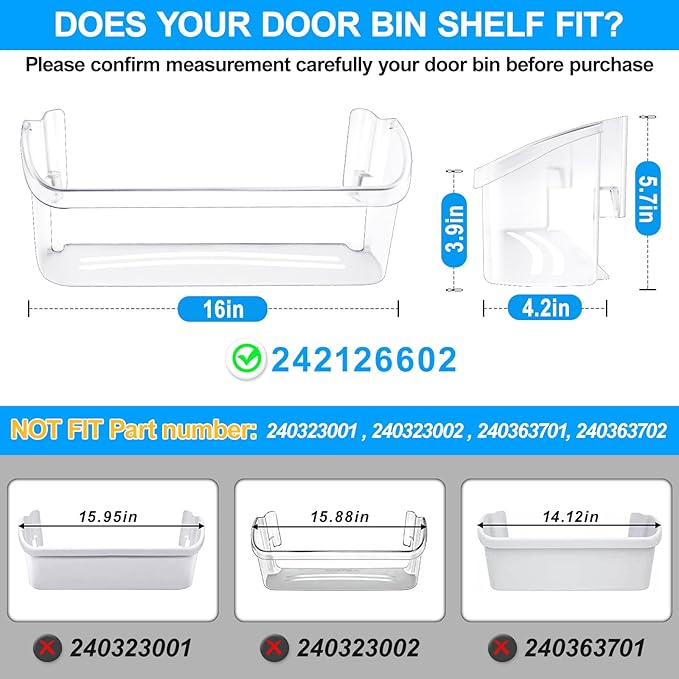 UPGRADED 242126602 Refrigerator Door Bin Shelf Replacement For Frigidaire Shelf Replacement - Side Shelf Rack Parts LFSS2612TF4 Frigidaire Door Bin AP6278233 PS12364199, Fit Bottom Replacement Shelves