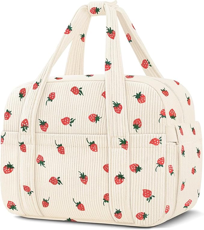 KUBYA Corduroy Lunch Box Lunch Bag for Women Men, Cute Strawberry Small Insulated Reusable Work Leakproof Simple Lunch Boxes Tote Bag Adults Cooler Bag