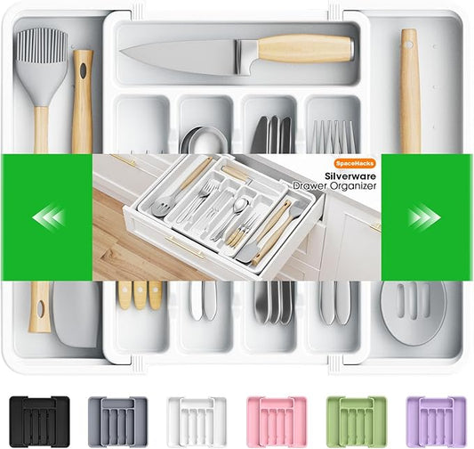 Silverware Organizer，Adjustable & Expandable Utensil Drawer Organizer, BPA Free Utensil Holder, Cutlery Tray for Forks, Spoons, Knives in Kitchen, Medium, White