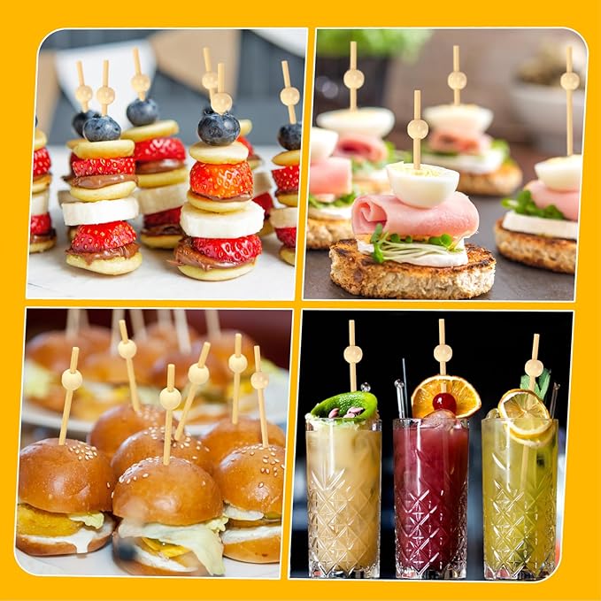 200PCS Cocktail Picks, Natural Fancy Toothpicks for Appetizers, Wooden Ball Bamboo Skewers for Appetizers, 4.7 IN Long Decorative Cocktail Sticks for Drinks Food Party Charcuterie Boards Accessories