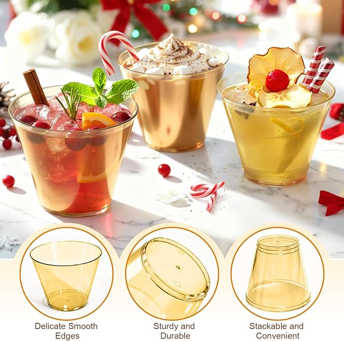 9 oz Clear Plastic Cups Glod Plastic Disposable Cups for Cocktail 50 Pack Fancy Cocktail Cup for Party Stemless Wine Glasses for Party Wedding Graduation Birthday World Cup