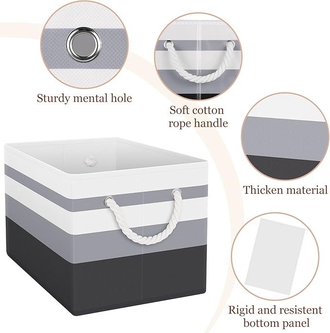 Fab totes Storage Bins 2-Pack, Foldable Storage Baskets for Organizing Toys, Books, Shelves, Closet, Large Storage Box with Rope Handles, Sturdy Organizer Bins,Gradient Grey