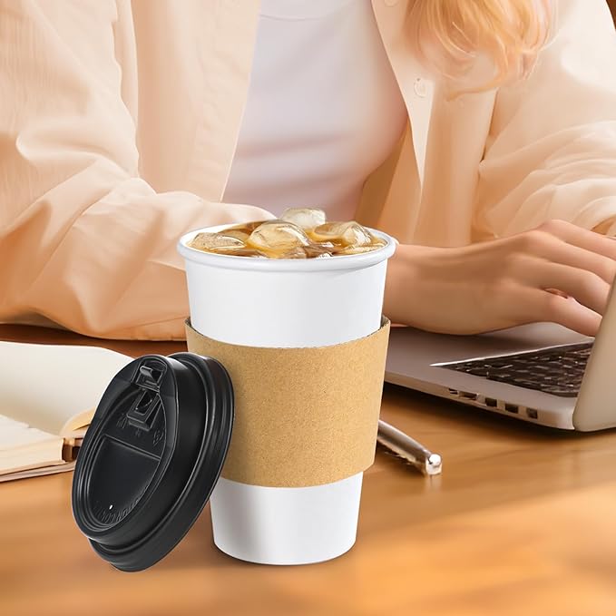 Lamosi 50 Pack 20 oz Disposable Coffee Cups with Lids and Sleeves, White To Go Leak-Proof Paper Cups for Picnics, Parties, Travel, Offices and Coffee Bar Supplies