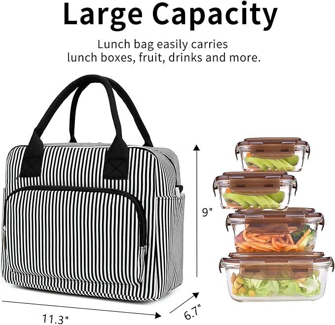 Lunch Bag Women Lunch Box for Women Adult Cute Insulated Lunch Bag Lager Cooler Lunch Tote Bags for Work Picnic (Black Stripes)