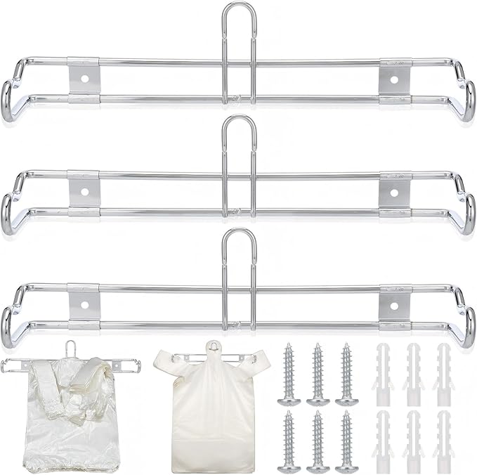 3 Pack Wall Mount Plastic Grocery Bag Holder T-shirt Bag Rack with Screws Chrome Metal Dispenser for Supermarket Store Restaurant Organization