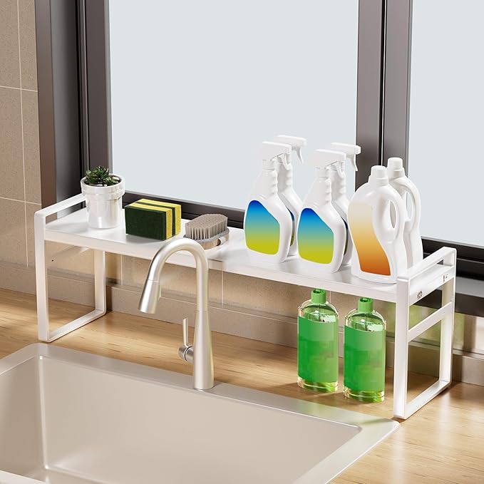 1pc Small Narrow Tall Shelf for Windowsill Kitchen Organizer Stackable Shelves Bathroom Sill Thin Shelves for Narrow Spaces Counter Top Racks (White, L13.8-23.6'' * W5.9'' * H7.5'')