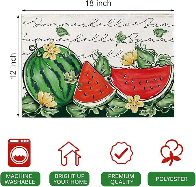 Seliem Hello Summer Watermelon Placemats Set of 4, Tropical Fruit Yellow Flower Dining Table Place Mats, Seasonal Kitchen Decor Home Decoration 12 x 18 Inches