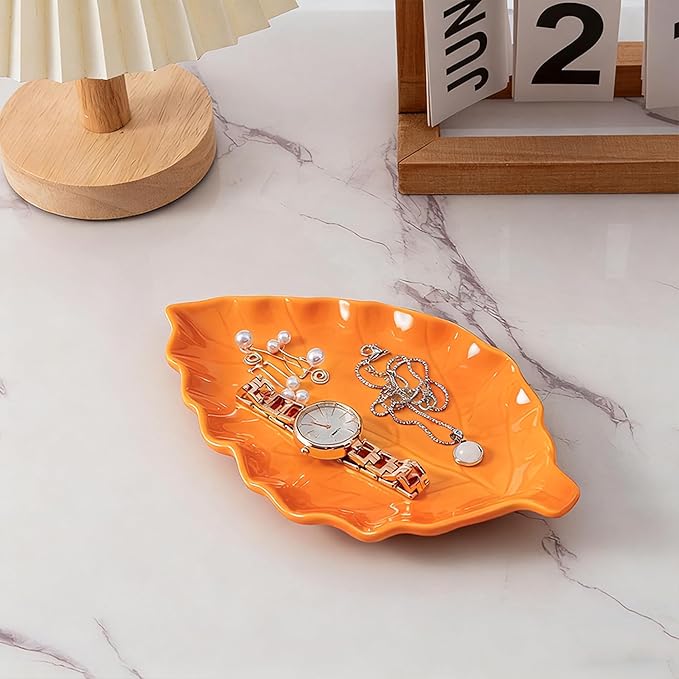 Ceramic Leaf Shape Spoon Rest for cooking, Cute Cooking Spoon Holder for Stove Top,Large Porcelain Spatula Rest for Kitchen Counter, Farmhouse Christmas Kitchen Decor (orange)