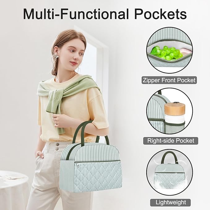 KUBYA Lunch Bag Lunch Box for Women Adult Men Insulated Quilted Reusable Large Lunch Tote Bag Leakproof Simple Cooler Bag for Work Office Picnic Beach or Travel
