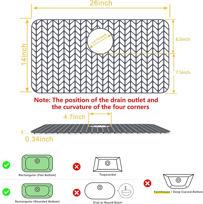 Sink Protectors for Kitchen Sink 12"13"16"18"19"24"26"28"29"30",Silicone kitchen sink mats protector for bottom of farmhouse sink(26"x14"Rear Drain Gray)