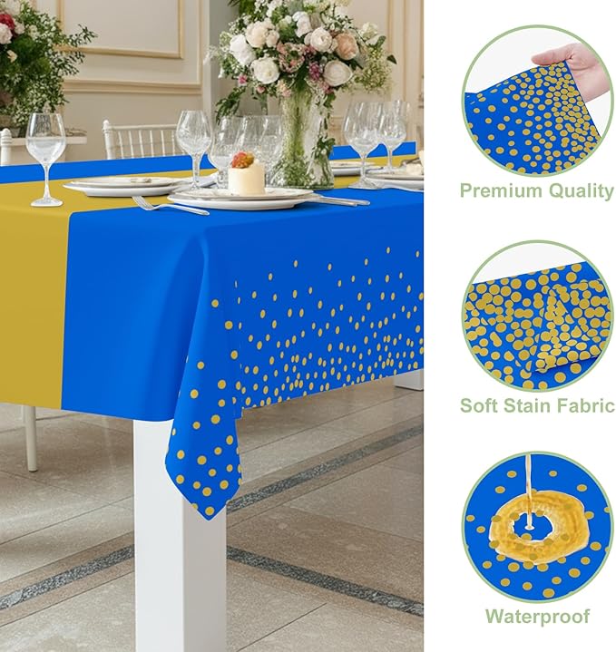 Smiry Plastic Table Cloth Disposable 8 Pack, 54 x 108 Inch Rectangle Waterproof Tablecloth, Printed Gold Table Runner Style for Birthday Weeding, Party Decorations, Leakproof & Sturdy, Blue and Gold
