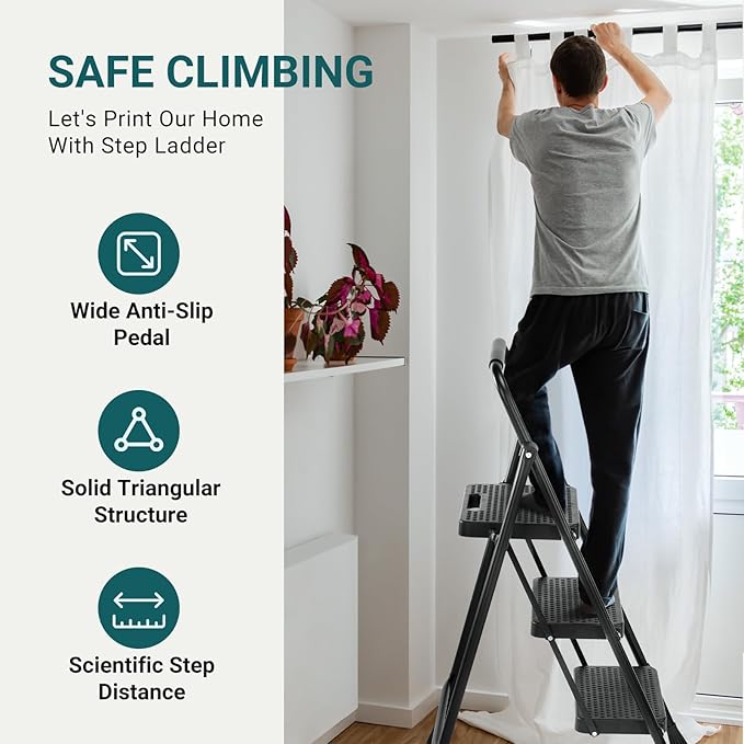 SMUG Step Ladder, 3 Step Stool Foldable with Anti-Slip Pedal & Comfortable Handrail, 800lbs Capacity Sturdy Steel Ladder, Protable Heavy Duty Step Stool for Kitchen, Garage & Outdoor Use, Black