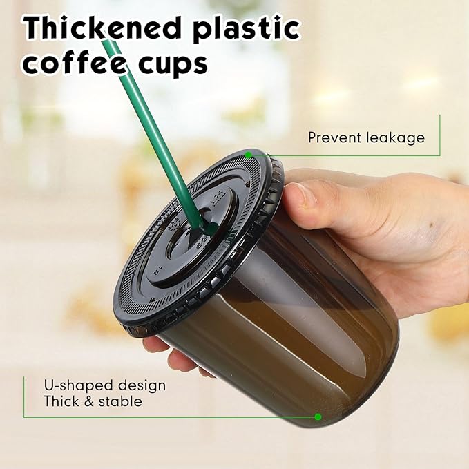 Baderke 25 Set Plastic Cups with Lids and Straws, Disposable Plastic Iced Coffee Cup for Cold Beverage Juice Smoothie Crystal for Coffee Shops Party Catering(Black,14 oz)