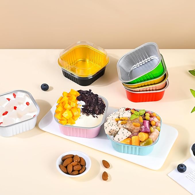 40 Pack Mini Cake Pans with Lids, 5oz Square Aluminum Foil Brownie Baking Cups, Muffin Tin Ramekins, Disposable Dessert Cupcake Cups for Wedding Birthday Party, Black,Gold