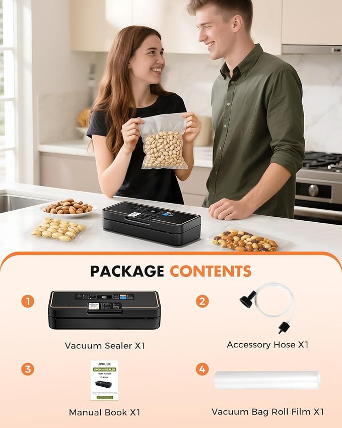 Vacuum Sealer for Food, 95kPa Food Saver Machine, 135W Fast-Sealing with Easy Tear Cutter, Built-in Bag Storage, 9-in-1 Compact with 10 ft Bag Roll