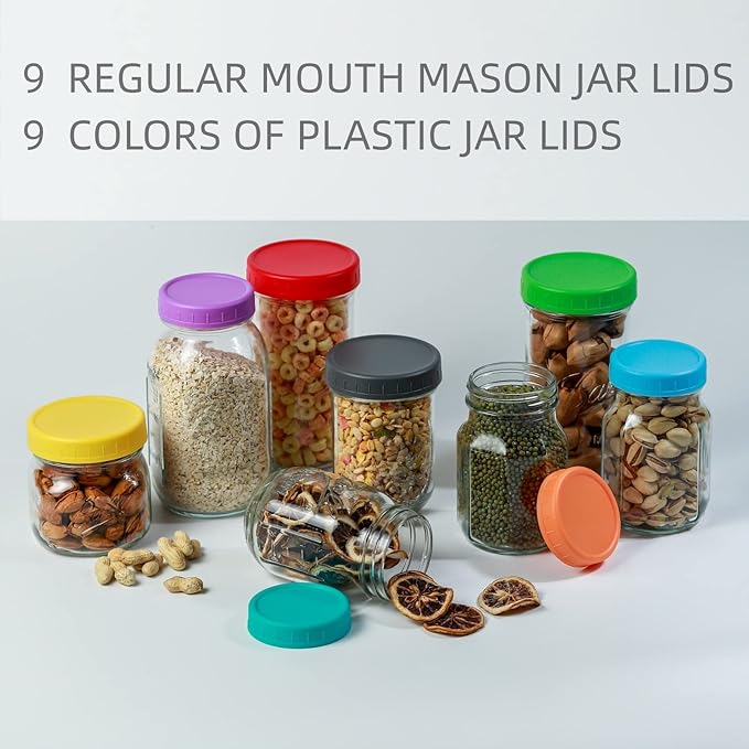 Bedgeta 9Pcs Mason Jar Lids, Regular Mouth Plastic Mason Lids, Leak Proof Canning Lid with Silicone Ring for Ball, Kerr and More, Reusable Can Tops, Colored Caps Covers for Jars
