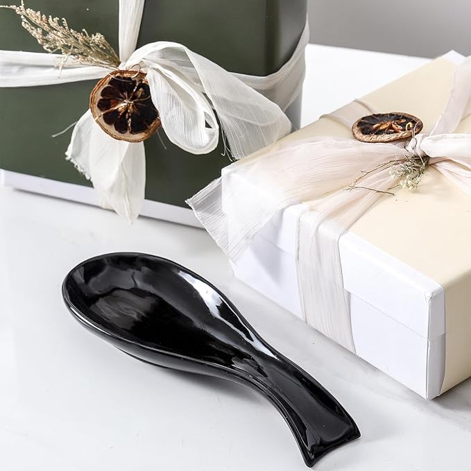 Ceramic Spoon Rest for Stove Top,Large 8.7 Inch Spoon Holder for Kitchen Counter,Porcelain Utensil Rest for Thankgiving and Christmas Gift,Dishwasher Safe and Heat-Resistant,Black(2 PC)