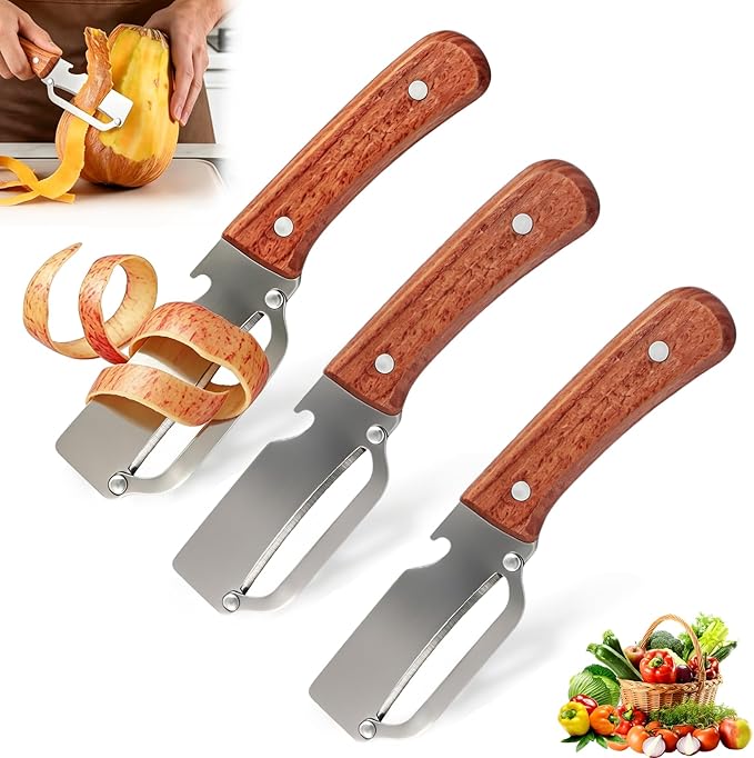 3 PCS Peeler with Wooden Handle, Bottle Opener, Vegetable Fruit Skin Peeling, Stainless Steel Blade Kitchen Tool