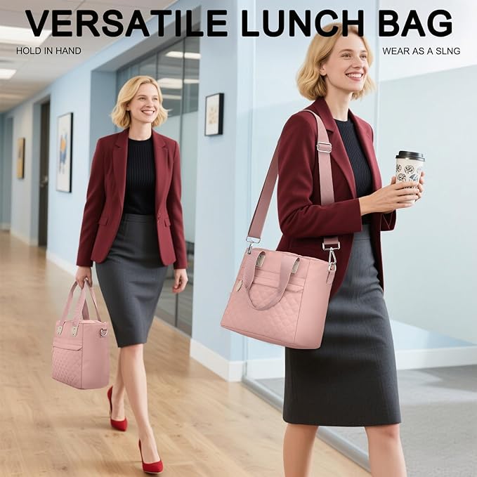 Insulated Lunch Box for Women & Men - Large Thermal Lunch Bag Women with Removable Shoulder Strap, Reusable Lunch Cooler Tote Bags Purse for Adults Work, Picnic, Hiking, Beach, Travel, Medium, Pink