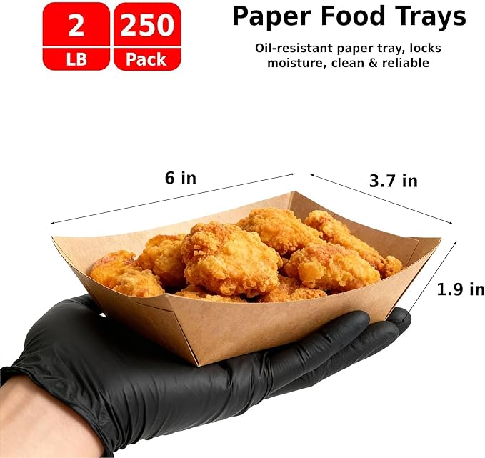 250 Pack 2lb Paper Food Boats - Heavy-Duty Food Trays Disposable,Paper Food Trays for Hot Dog,Nacho,Fries,Onion Rings,Ice Cream or Other Snacks