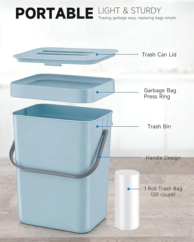 1.3 Gallon Small Trash Can with Lid - Countertop Food Waste Bin, Kitchen Hanging Trash Can for Cabinet Door/Under Sink, Small Garbage Can for Desk, 5L(Subtle Blue)