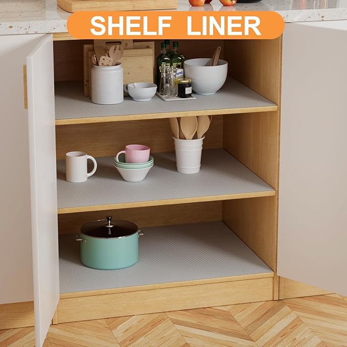 FLPMIX Wide Cabinet Shelf Liner: Waterproof Under Sink Mats Light Grey 19" x 300" - Easy to Cut & Clean Large Kitchen Drawer Liner for Pantry Cupboard
