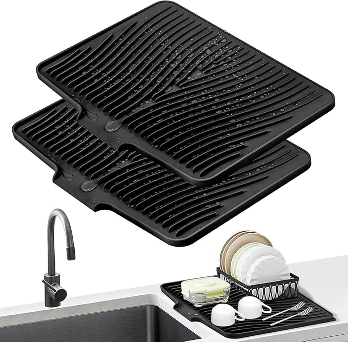 Silicone Dish Drying Mat for Kitchen Counter, Dish Drying Pad, Non-Slip Drain Pad with Built-in Drain, Heat Resistant Stone Drying Mat,Black-2pcs