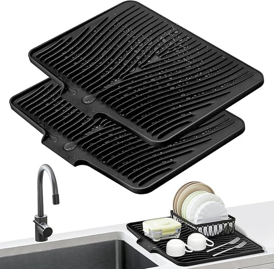 Silicone Dish Drying Mat for Kitchen Counter, Dish Drying Pad, Non-Slip Drain Pad with Built-in Drain, Heat Resistant Stone Drying Mat,Ivory, 2pcs-XL