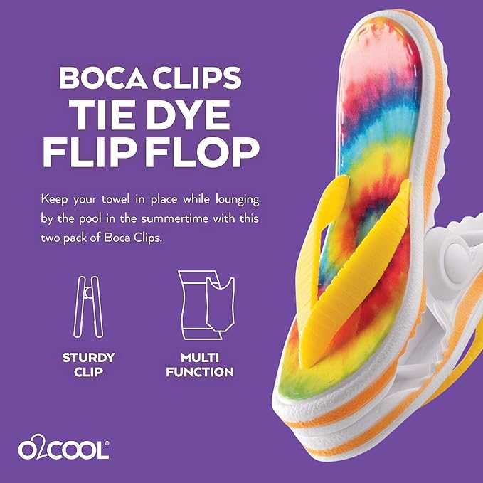 O2COOL Bocaclips - Beach Towel Clips for Beach Chairs, Patio and Pool Accessories - (Tie Dye Flip Flop) 2 Count