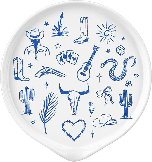 Ceramic Spoon Rest for Stove Top - Cute Spoon Holder for Kitchen Counter - White Coffee Spoon Rest Utensil Rest Spatula Rest - Farmhouse Kitchen Counter Decor (Western Spoon Rest)