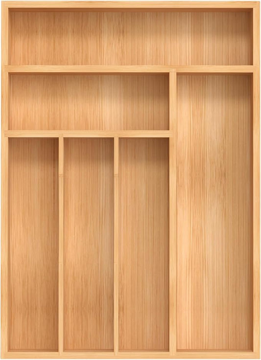 Bamboo Silverware Organizer, Kitchen Drawer Organizer, Utensil Holder, Cutlery Tray & Spoon Flatware Storage with Grooved Drawer Dividers (12''W x 16.5''D)