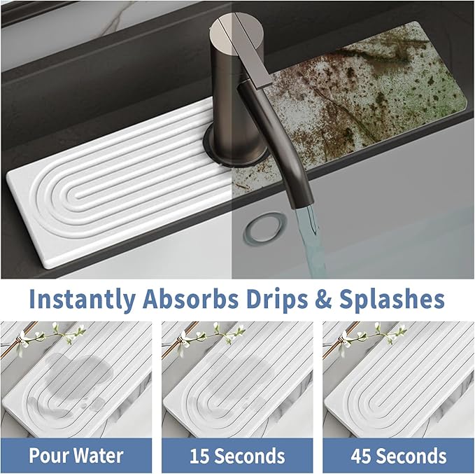 15.8"x3.9" Stone Faucet Mat for Kitchen Sink, Diatomite Quick Dry Kitchen Sink Splash Guard Water Absorbent Drying Mat, Drying Stone Sink Tray for Bathroom Counter, White