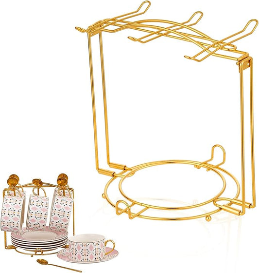 Teacups and Saucers Display Stand, Tea Cup Holder, Metal Foldable Storage Rack for Espresso and Cappuccino Cup - Gold