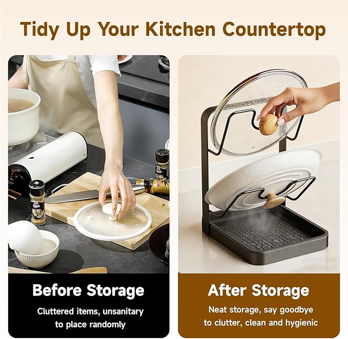Kitchen Pot Lid Storage Rack, 2-Tier Lids Holder with Detachable Drip Tray for Mess-Free Cooking, Versatile Countertop Organizer for Cutting Boards, Ladles and Pan Covers