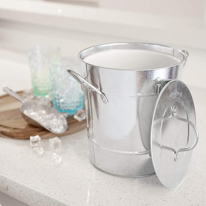 Twine Insulated Ice Bucket with Lid, Scoop & Handles for Beer, Wine, Champagne, Beverages, 1 Gal Galvanized Metal Bucket, Steel Ice Container for BBQs, Indoor & Outdoor Party Supplies, Bar Accessories