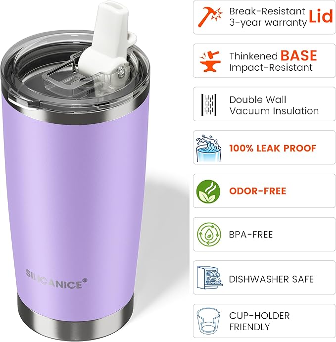 20oz Hygienic Insulated Tumbler — 100% Leakproof Lid with Removable Spout & Straw, Reinforced Vacuum-Protection Base, Cup Holder Friendly, for Iced Coffee, Smoothie/Water on the Go - Lilac
