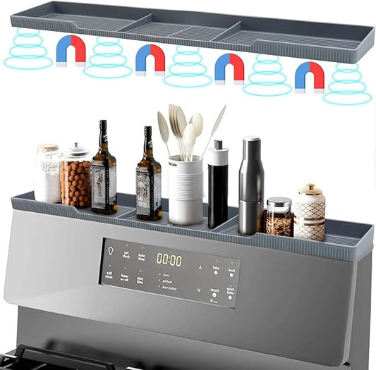Silicone Magnetic Stove Shelf For Back Of Stove - Over The Stove Shelf, Magnetic Stove Top Shelf, Over The Stove Spice Rack, Oven Shelf For Top Of Stove, Heat Resistant, Includes 6 Extra Plates, Gray