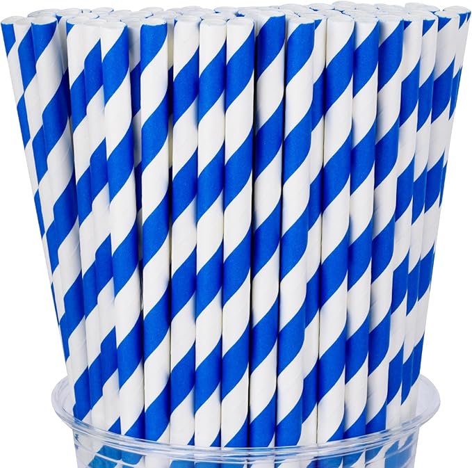 100 Packs Navy Blue Biodegradable Striped Paper Straws, Disposable Drinking Straws for Birthday Carnival Summer Pool Party Wedding Baby Shower Halloween Christmas Party Decoration Supplies