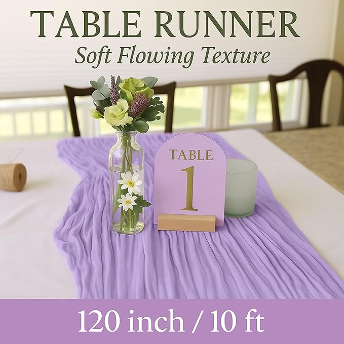 12 Pack Lilac Purple Cheesecloth Table Runner – 10FT x 12pcs Boho Gauze Table Runners for Spring Wedding, Birthday, Fairy Garden Bridal Shower Decor