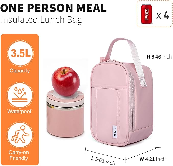 NOL Natural Organic Lifestyle Insulated Lunch Bag for Adult - Snack Bag Lunch Cooler Bag Soft Lunch Tote Bag for Work, Pink